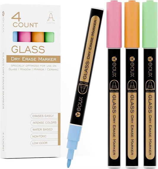 YEOUX Dry Erase Markers for Glass Board | Neon Colors, No Residue | Whiteboard Markers | 1mm Ultra-Fine Tip Liquid Chalk Markers 4 Pack