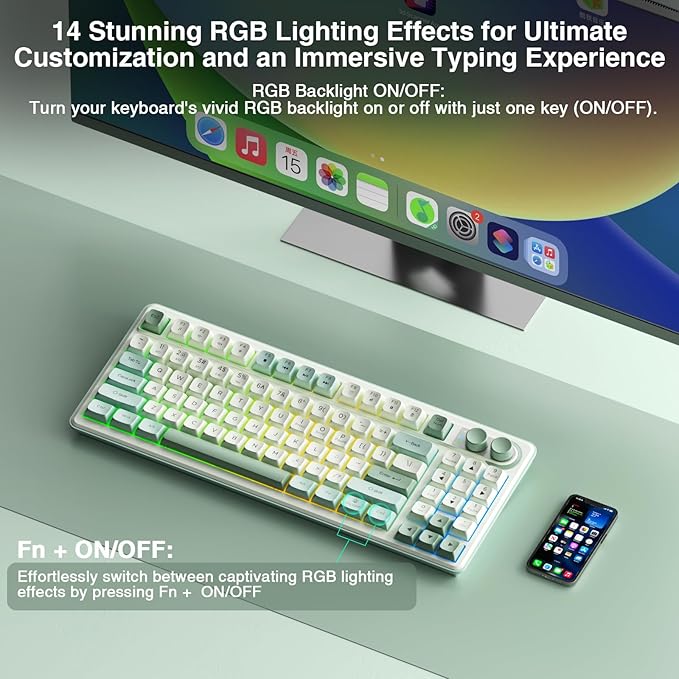 SOLAKAKA SK90-75% Wireless Keyboard, Cute Creamy Gaming Keyboard with Number Pad, Tri-Mode BT5.0/2.4G/USB-C, Media Knob, RGB Backlit, Quiet Keys Silent Office Keyboards for PC MAC