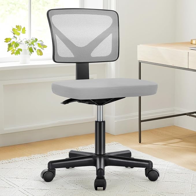 DUMOS Armless Desk Chairs, Small Home Office Mesh Chairs | Ergonomic Adjustable Mid Back, Swivel Rolling Task, Computer Work Vanity Small Spaces, New Grey