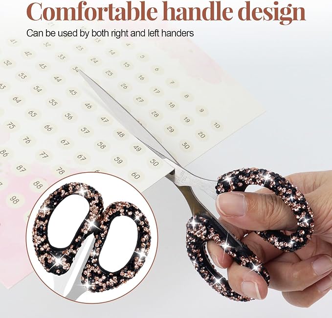 Koqye 6.3-Inch Rhinestone Scissors - Stainless Steel Cute Scissors for Office, Home & Crafting, Decorative Bling Handle Paper Cutting Tool (Black)