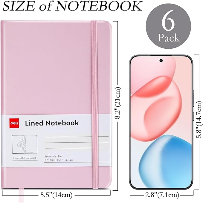 deli 6 Pack Multicolor Lined Journal Notebook for Work, Moleskine Notebooks, A5 (5.5"x8.3"), 160 Pages Hardcover Journaling Notebooks, Multicolor College Ruled Notebooks for Notes-taking/Work/Travel