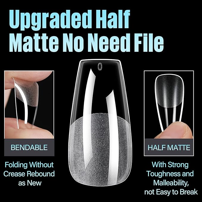 TOMICCA Medium Coffin Nail Tips, 504Pcs Half Matte Soft Acrylic Nail Tips, 12 Sizes Acrylic Pre-Shaped Nails, Full Cover False Nails for Extension Nail