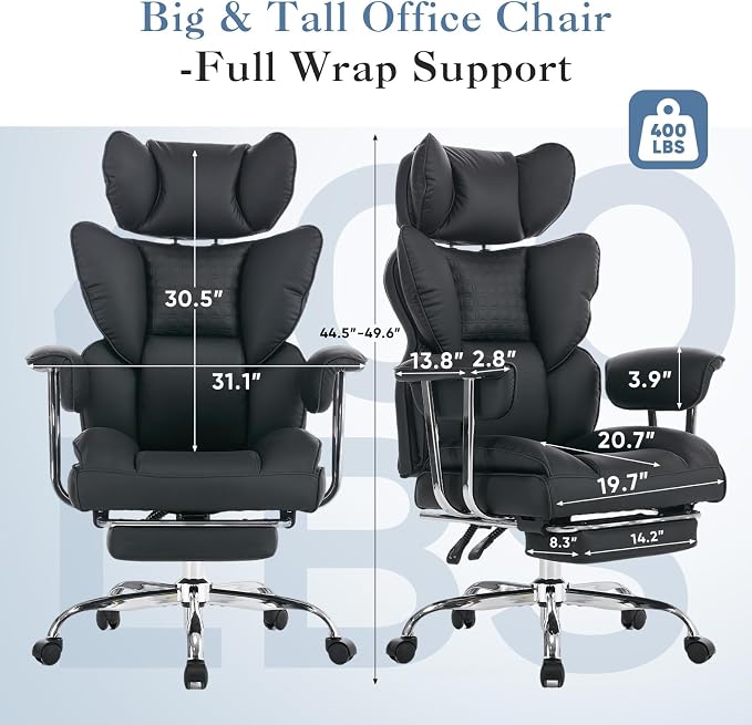 DUMOS Big and Tall Home Office Desk Chair, Executive Chair with Footrest | Ergonomic Reclining, Scratch-Resistant PU Leather, Pocket Spring Support, 400 LBS Weight Capacity, Black