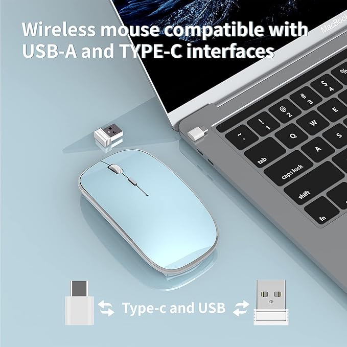 Wireless Mouse Chargeable Portable Silent USB and Type-C Dual Mode Wireless Mouse 3 Adjustable DPI for Laptop, Mac, Mac, Android, PC (Q23S Black) (Blue)