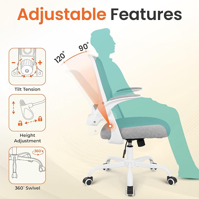 NEO CHAIR Office Computer Chair Ergonomic Mesh Back Flip-Up Arms, Grey | Lumbar Support, Smooth-Rolling Casters, Height Adjustable Seat, Comfortable Seating for Office, Study and Computer Work