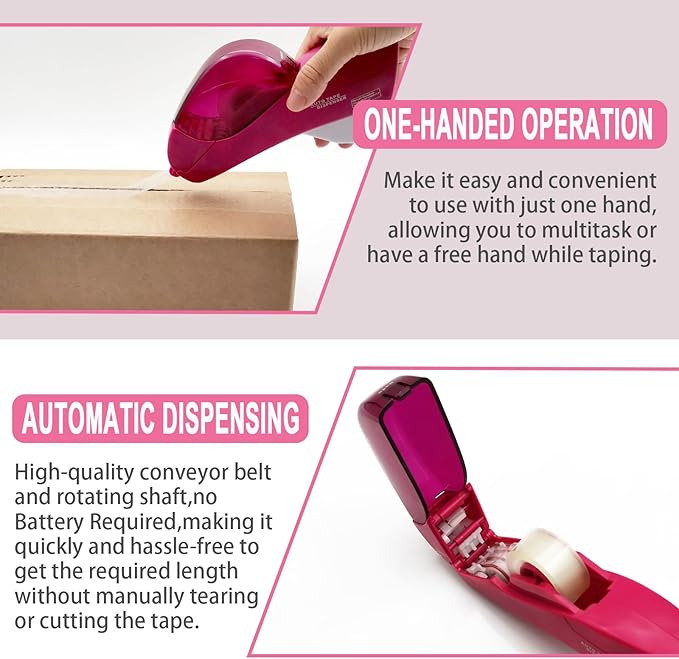 Automatic Tape Dispenser for Wrapping Gifts, Handheld Packaging Tape Dispenser Gun with Cutter, Dispensers for Adhesive Tapes-Pink