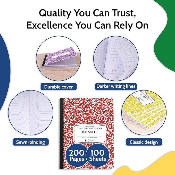2016 Pack (Pallet) EPI Wide Ruled Composition Notebook Assorted Colors, Bulk, 200 pages (100 Sheets), 9-3/4 x 7-1/2, Marble, Bulk School Supplies, Heavy Duty, Durable, Office Notebooks, Sewn Binding