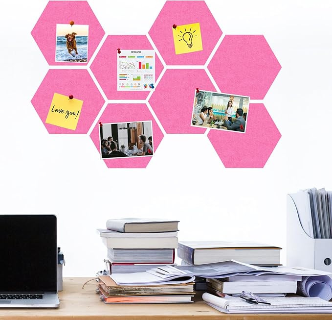 Large Hexagon Felt Cork Board Tiles, Self Adhesive DIY Felt Bulletin Board Pin Board with 35 Pushpins for Office School Home Wall Decor Stickers Memos Photos Display(Pink)