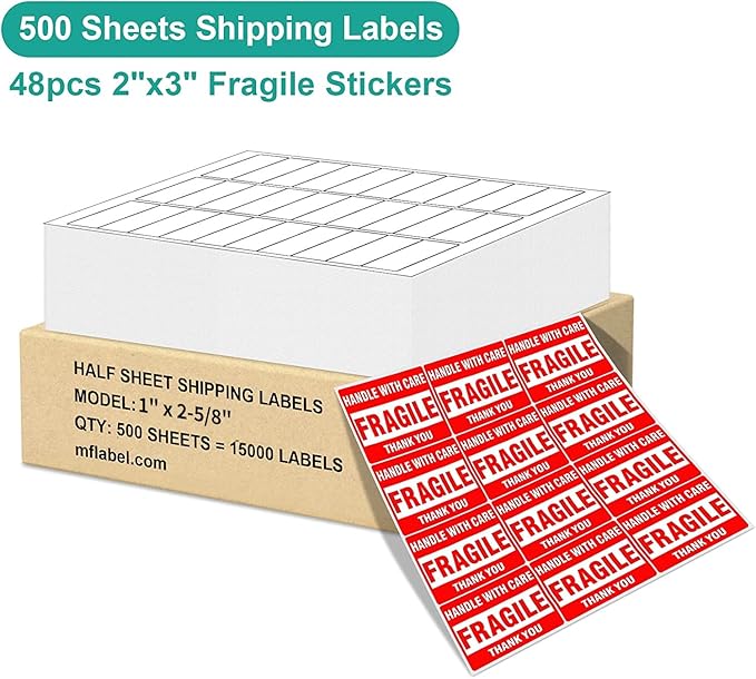 MFLABEL 1" x 2-5/8" Address Labels for Laser & Inkjet Printers 15,000 White Shipping Stickers(500Sheets,30/Sheet)+48 Free Fragile Stickers | Easy to Peel,Mailing Labels for Packages, Shipping