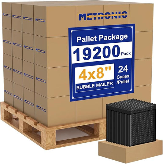 METRONIC 4x8" Bubble Mailers 19200 Pack Waterproof Black Padded Envelopes Self Seal Mailing Envelopes Bubble Padded Full Pallet of Padded Mailers for Small Business Mailing Jewelry Makeup Cards