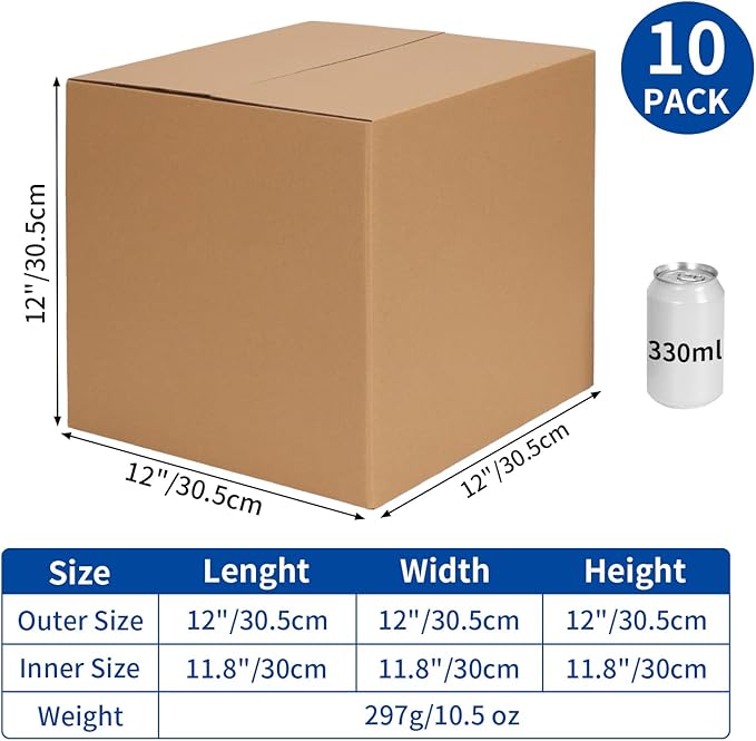 CRUGLA 12x12x12 Shipping Boxes 10 Pack, Brown Corrugated Cardboard Boxes with Side-Lock and Pre-Applied Double-Sided Tape, Easy Assemble Packing Mailer Boxes for Small Business Shipping