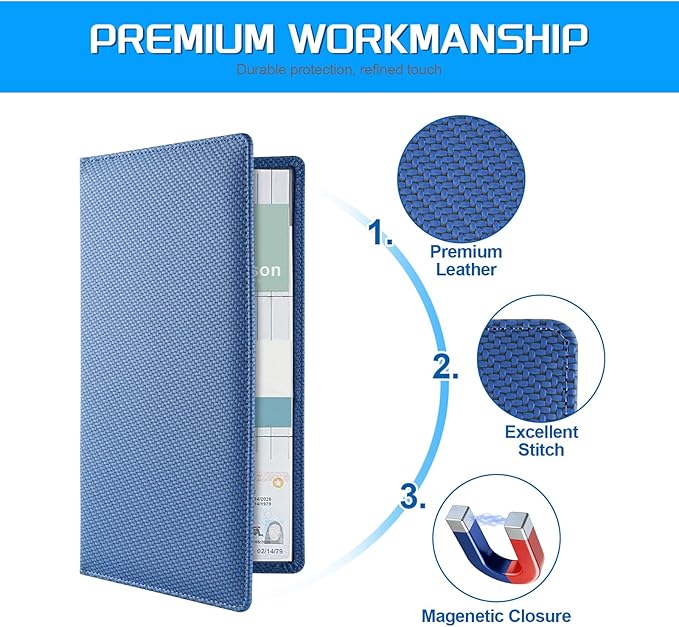 JUSTTOP 1Pack Car Registration and Insurance Holder,Car Document Holder for Cards License with Magnetic Shut,Vehicle Glove Box Car Organizer for Documents, Cards, License(Carbon Fiber Blue)