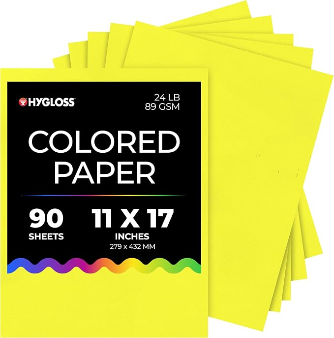Hygloss Neon Yellow Colored Paper 11" x 17" - 24 lb, 89 GSM, Fade-Resistant, 8.5x11-Inch Letter Size Color Copy & Printer Paper - 90 Sheets
