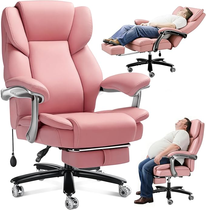 600lbs Big and Tall Office Chair for Heavy People,Heavy Duty Comfy Executive Office Desk Chair with Adjustable Lumbar Support,High Back Reclining PU Leather Computer Chair (Classic, Pink)