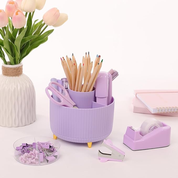 SKYDUE Purple Office Supplies Set with Pencil Holder for Desk,11 PCS | Desk Supplies Sets with Stapler,Tape Dispenser, Scissors, Ruler, Binder/Paper Clips and 1000pcs Staples,Office Decor
