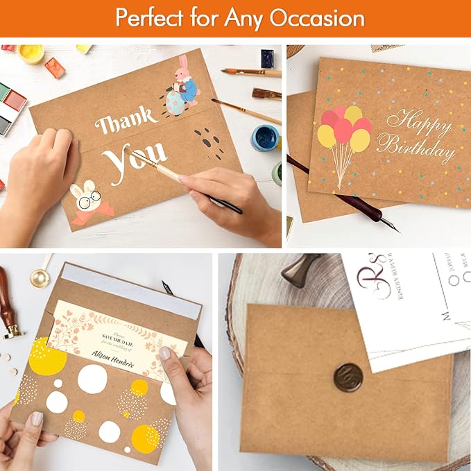 AZAZA 100 Pack A7 Brown Kraft Paper Invitation 5 x 7 Envelopes - Quick Self Seal For 5x7 Cards| Perfect for Weddings, Invitations, Baby Shower| Stationery For General, Office | 5.25 x 7.25 Inches