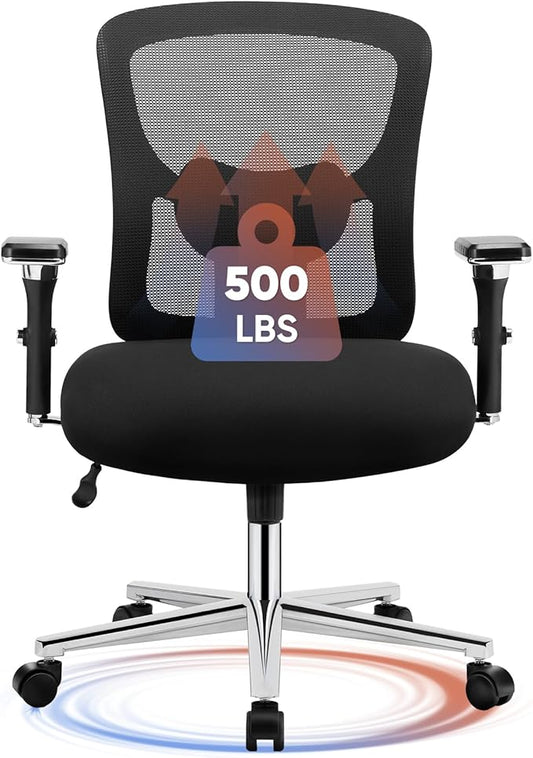 DUMOS Big and Tall Office Desk Chair, 500lbs Heavy Duty Mesh Chair | Ergonomic 4D Armrest, Comfortable Lumbar Support, Wide Seat, 360° Swivel Rolling Wheels, Adult, Black