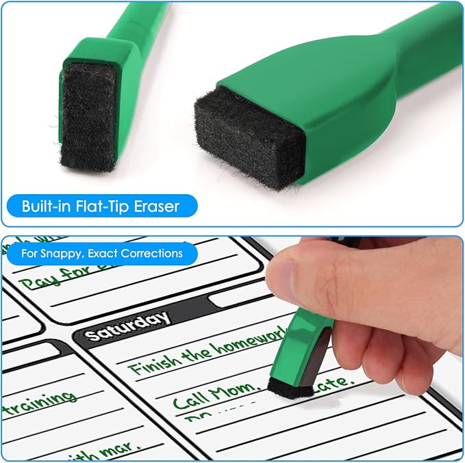 maxtek Dry Erase Markers - 6 Count Green Magnetic Dry Erase Markers Fine Tip with Eraser, Low Odor Whiteboard Markers for Calendar Boards