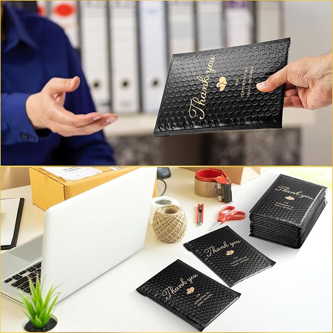 Kosiz 100 Pcs Bubble Mailers Thank You Padded Shipping Envelopes Poly Waterproof Mailing Envelopes Self Adhesive Bags for Small Business Clothing Boutique Jewelry Package(Black,6"x8")