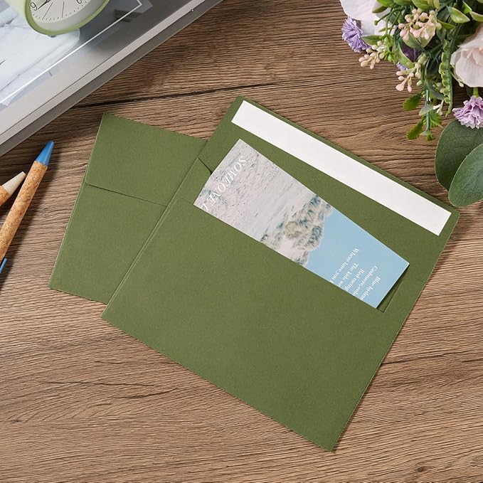 50 Pack 5 x 7 Envelopes Colored Self Seal for Wedding, Party Invitations, Greeting Cards, Announcements, Photos, 5.24 x 7.21 Inches (Olive Green)