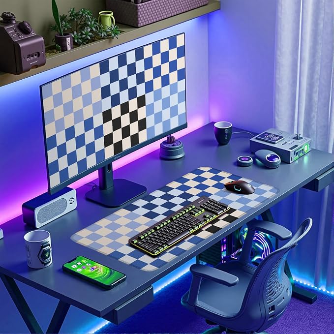 Checkered Desk Mat Blue Large Mouse Pad with Stitched Edges, XXL Keyboard Pad Mouse Mat for Computer Deor Desk Matt for Desktop 31.5 X 15.7In