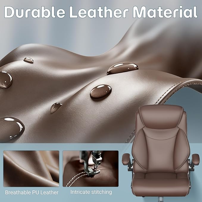 Ergonomic Office Chair, Big and Tall Office Chair, Executive Chair- Padded Leather Comfy Chair with Adjustable Lumbar Support & Flip-Up Arms, Rocking Swivel Chair for Home Office,Brown