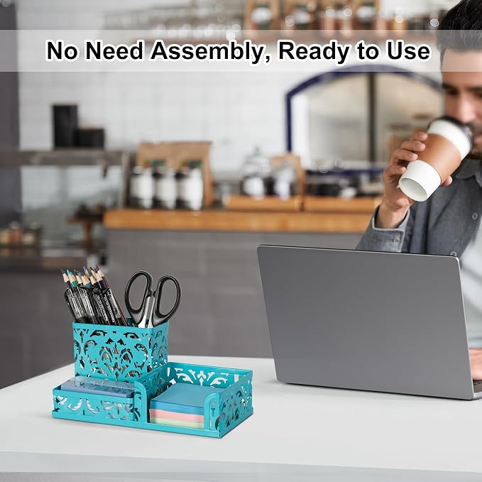 EasyPAG Desk Organizer with 3 Compartment for Pencil Sticky Note Holder and Office Accessories,Dark Teal