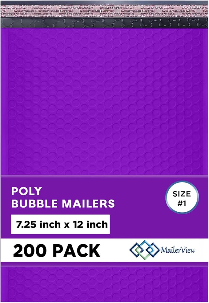 Purple Bubble Mailers 7.25x12 Self Seal Poly Padded Envelopes #1, 200 Pack | Fits Comics, Photos & Cards, No Tape Needed, Cushioned Protection, Water-Resistant Poly, Bulk Pack for Small Business