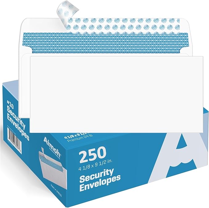 Aimoh 250#10 Security Self-Seal Envelopes, Windowless Design, Premium Security Tint Pattern, Ultra Strong Quick-Seal Closure - EnveGuard - Size 4-1/8 x 9-1/2 Inches - White -24 LB (34010-250)