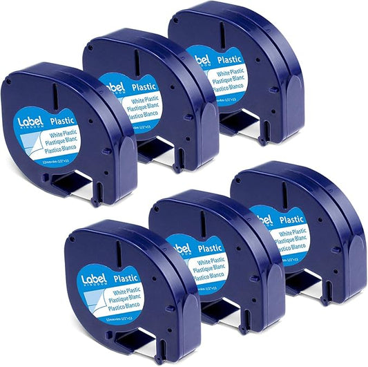 6 Pack 91331 Plastic White Label Tape Compatible with Dymo Letratag Refills 12mm x 4m 1/2" x 13' Label Maker Tape for Letra Tag Printer LT100H LT100T Bluetooth 200B