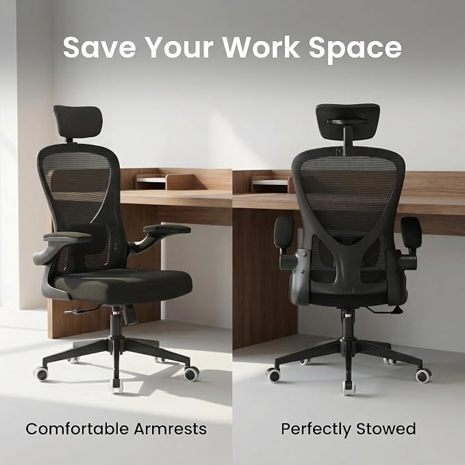 Monhey Ergonomic Chair, Adjustable Lumbar & Flip-up Arms, Black | Breathable Mesh,Height Adjustable, Rocking Swivel, High Back, Home Office Use