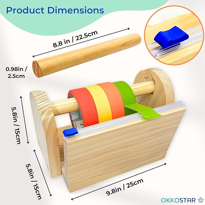 Wood Masking Tape Holder, Kids Tape Dispenser, Craft Tape Dispenser, Multi Roll Tape Dispenser for Kids, Washi Tape Dispenser, Multi Tape Dispenser (Sliding Cutter) *Masking Tape NOT Included