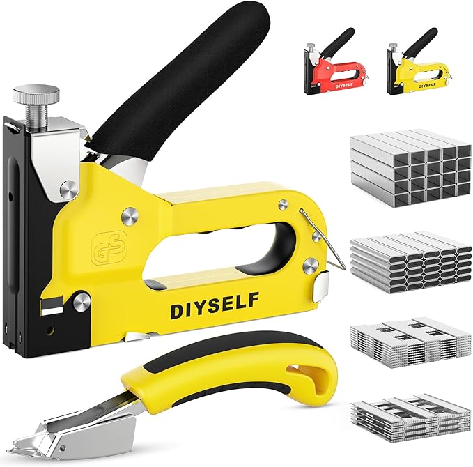 DIYSELF Staple Gun Heavy Duty 4-in-1 Upholstery Stapler with 4000 Staples | Staple gun for wood, fabric, upholstery, carpet, wire, industrial stapler, staple remover & 4 types of staples included