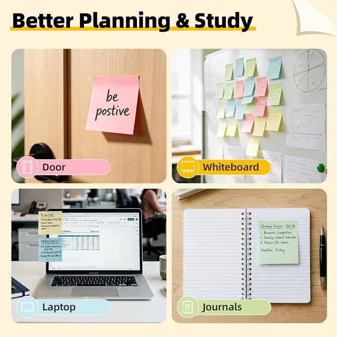 HappyHapi 28 Pack 2800 Sheets Sticky Notes 3x3 Inch100 Sheets/Pad, 4 Soft Colors (Yellow, Green, Pink, Blue) Light Colored Self-Stick Pads, Bulk Office Supplies for Work, School & Home