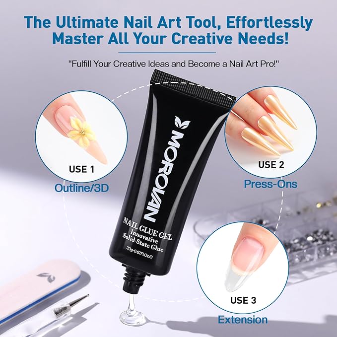 Morovan Solid Nail Glue Gel: Strong Solid Nail Glue Gel for Acrylic Fake Nails Tips Extension Press On Nails Long-Lasting Strong Adhesion Lamp Curing Needed