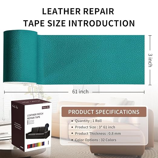 Leather Repair Patch Tape, Peacock Green 3 x 61 Inches Self Adhesive Leather Repair Kit for Furniture, Car Seat,Vinyl Leather Repair Kit for Office Chairs, Couch, Sofa, Luggage