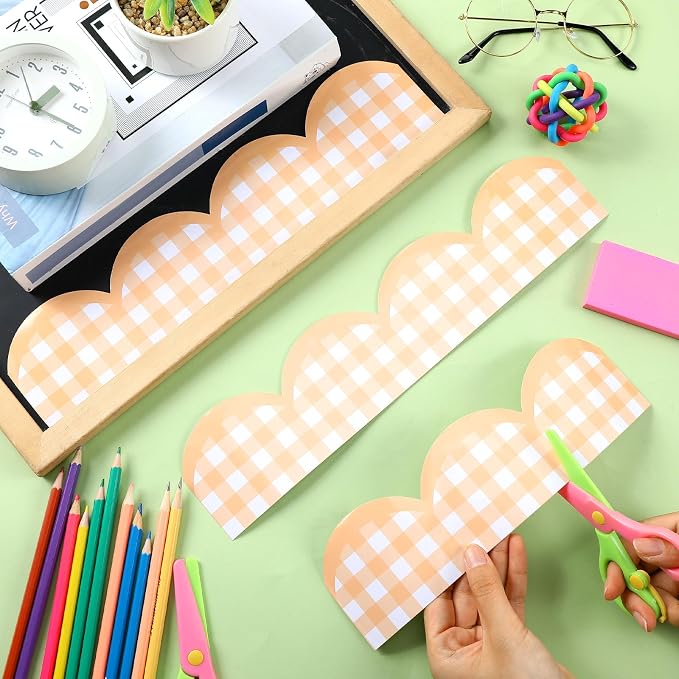 Zonon 65ft Orange Gingham Bulletin Board Border Pastel Scalloped Bulletin Board Trim Back to School Classrooms Decoration for Party Whiteboard, Walls, Desks, Windows, Doors, Lockers