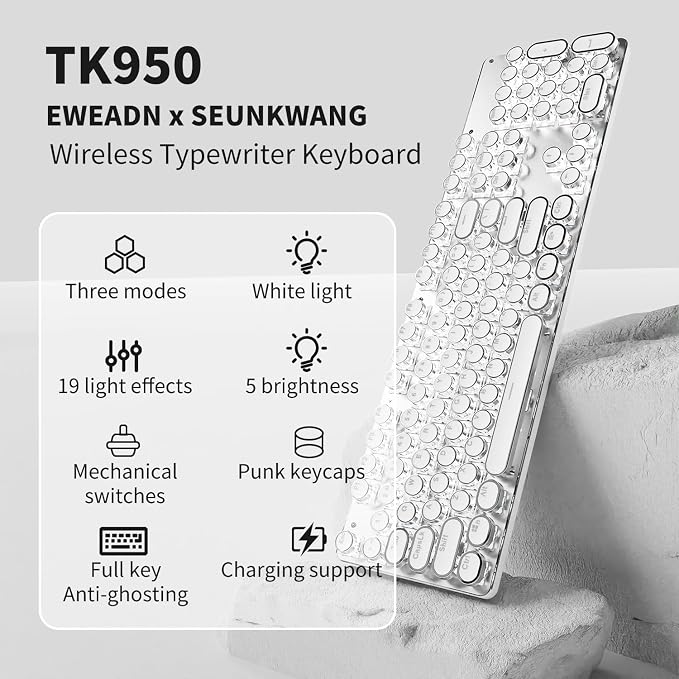 Wireless Typewriter Style Mechanical Keyboard with White Backlit, White | Bluetooth/2.4G/Wired, Retro Punk Round Keycaps, Blue Switch, Full Size for Windows PC, Mac, Desktop, Laptop, EWEADN TK950