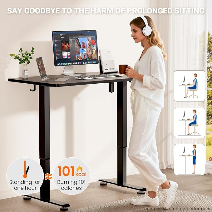 Veken 47.2 Inch Large Electric Standing Desk, Gaming Table, Black | Height Adjustable Sit Stand Up Computer Tables for Home Office, Study , Writing, Suit students, employees and group work