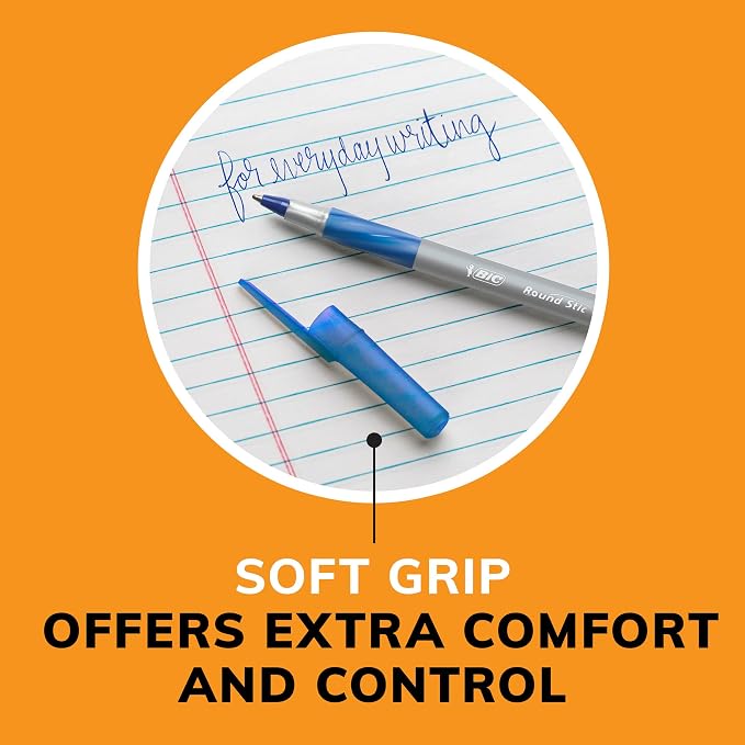 BIC Round Stic Grip Xtra Comfort Blue Ballpoint Pens, Medium Point (1.2mm), Excellent Writing Pens With Soft Grip for Superb Comfort and Control, 12 Count (Pack of 2)