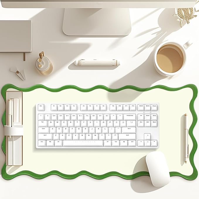 Hahafelt Scalloped Desk Mat Waterproof,Green,31.5 X 15.8 Inches | Coquette Preppy Style for School Office Makeup Vanity, Nonslip Gaming Desktop Protector with Scalloped Stitched Edge Mat