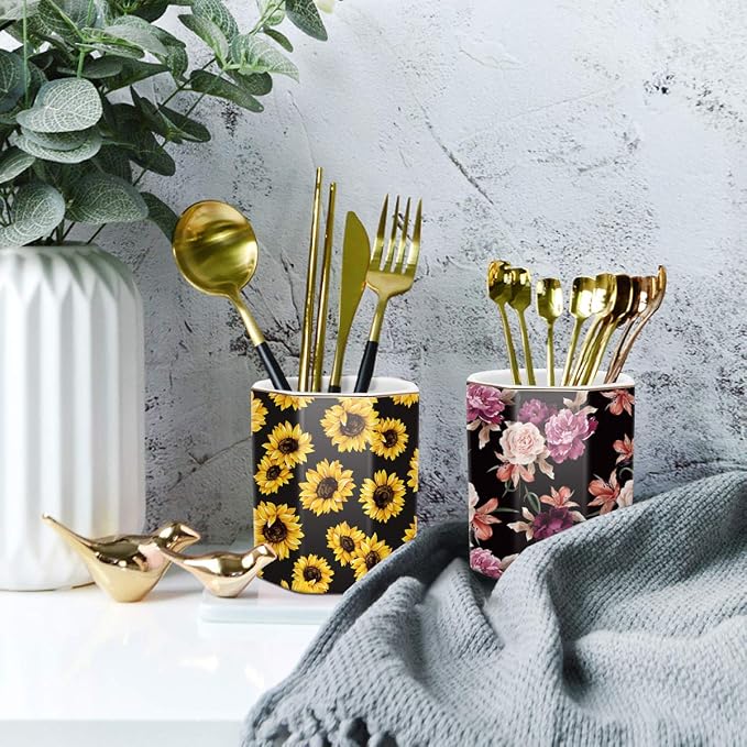 Pen Holder, Pencil Holder for Desk Floral Pattern Pencil Cup for Girls Kids Durable Ceramic Desk Organizer Makeup Brush Holder for Office, Classroom, Home, Sunflower
