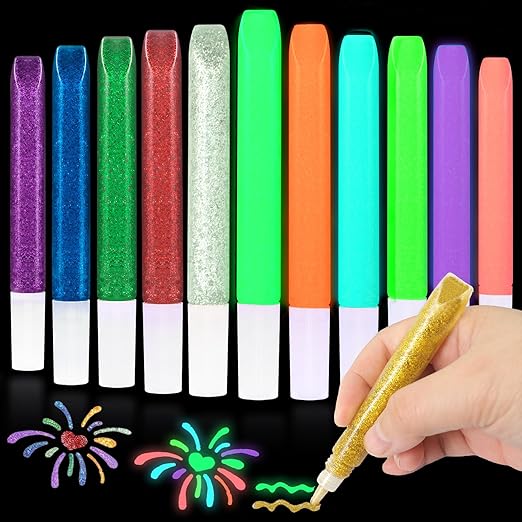 Matio 12 Pack Glitter Glue Stick Set, 6 Non-Toxic Washable Glue Pens & 6 Glow in The Dark Glue, Craft Glitter Bulk Gel, Assorted Color Slime Glues for DIY Art Project Painting Christmas Decor Supply