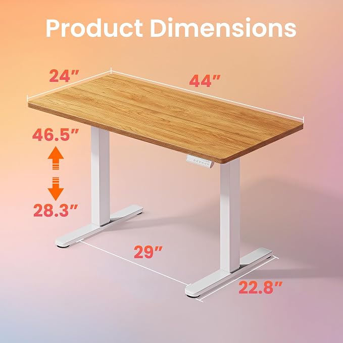 HUANUO 43x24 Inch Electric Standing Desk, Adjustable, Light Vintage Brown | 176 Lbs Capacity, Smooth Home Office Desk, 4 Memory Presets & Headphone Hooks, 28.3–46.5 Inch Height Range, Easy to assemble
