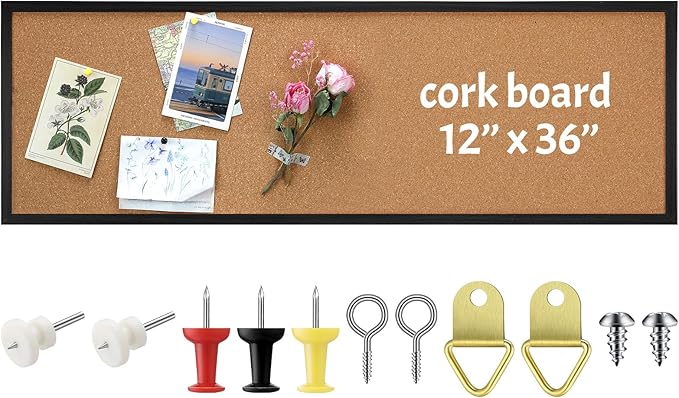 12'' x 36'' Cork Bulletin Board Framed Large Wall Mounted Corkboard with Installation Kit, Push Pins for Home and Office Decor, School Message or Vision Background(Black)