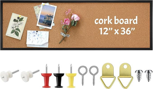 12'' x 36'' Cork Bulletin Board Framed Large Wall Mounted Corkboard with Installation Kit, Push Pins for Home and Office Decor, School Message or Vision Background(Black)