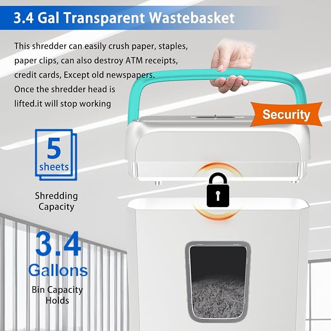 Bonsaii 5-Sheet Crosscut Shredder, Perfect for Home or Office Use, Shreds Paper, Credit Cards, Staples & Clips, 3.4-Gallon Bin, White/Blue