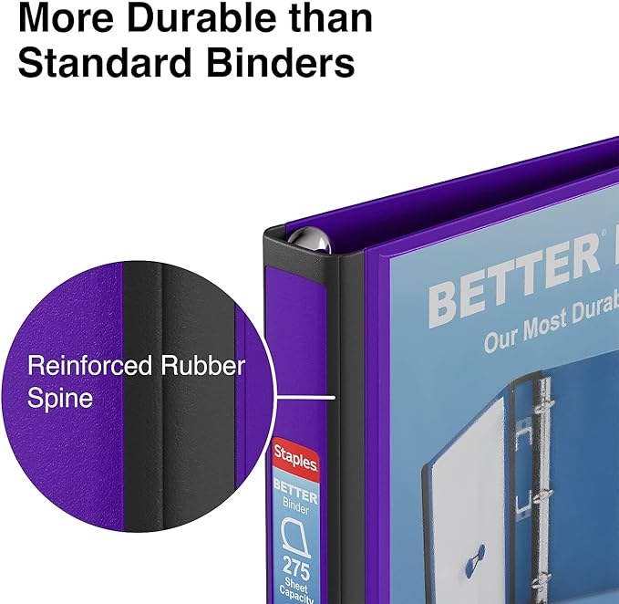 Staples Better Binder 1-Inch D-Ring View Binder, Reinforced Spine, Holds Up to 275 Sheets, Purple, for Office & School