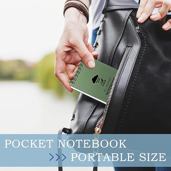 6 Pack Waterproof Notebook, 3 x 5 Pocket Notepad, Top-Spiral Weatherproof NotePad, All Weather Police Pocket Notebook Little Memo Steno Note Pads for Outdoor Office School Recording, Army Green