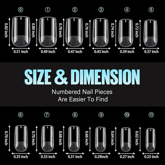 TOMICCA Short Square Nail Tips, 504Pcs Soft Acrylic Nail Tips Square, Clear Press on Nail Acrylic False Nails for Nail Extension DIY Nail Salon 12 Sizes